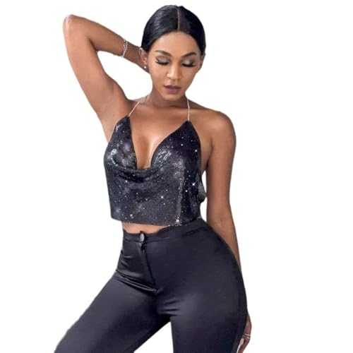 Sequin Body Chain Top Shining Camisole Crop Tops Deep V Chain Vest Neck Chain Nightclub Tops Strapless Club Party Body Sparkle Cami Top