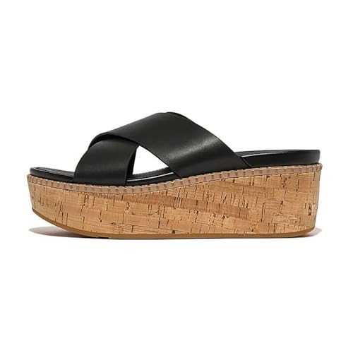 Women's Fit Flop Eloise Leather Wedge Cross Slide Sandals in Black