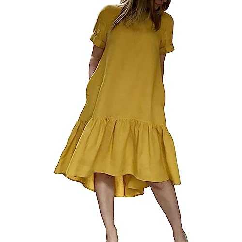 AMDOLE Long Sleeve Summer Dress Women's Solid Color Round Neck Short Sleeve Pullover Ruffle Midi Long Casual Dresses Casual Belted Dresses for Women
