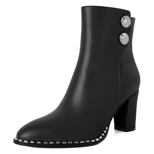 Zamikoo Chunky Heel Ankle Boots for Women Round Toe Beaded Heel Short Booties Fall Heel Boots Side Zipper 3 Inches