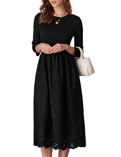 GRACE KARIN Women's Casual Dress 3/4 Sleeve Crewneck A-line Dress Hollow Midi Dress Elegant Solid Color Summer Dress with Pockets Dresses for Wedding Guests