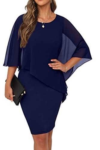 QIXING Womens Summer Casual Dress Loose Batwing Sleeve Crew Neck Chiffon Cape Elegant Midi Cocktail Pencil Dresses for Women UK for Funeral Party Wedding