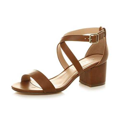 Ajvani Womens Ladies mid Low Block Heel Cross Straps Party Strappy Sandals, 5 UK, Tan Matte