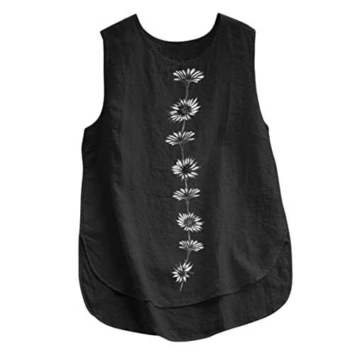 BIISDOST Women's Round Neck Vintage Tank Tops Women's Daisy Print Summer Sleeveless Blouse Shirt Casual Cotton Linen Female Loose Vests Robe Unusual Clothing