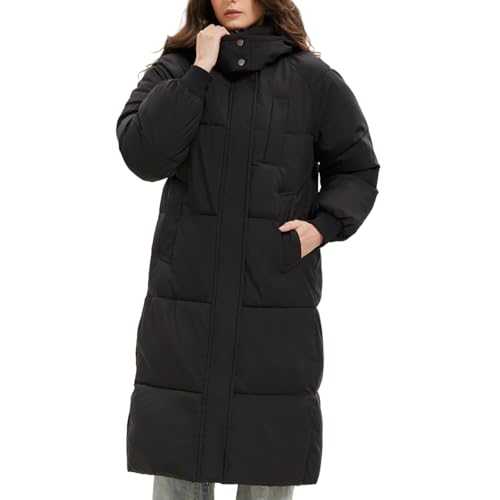 PUFFIT Women Long Puffer Jacket Hood Winter Water Repellent Wind-resistant Warm Ladies Quilted Padded Coat Big Pocket