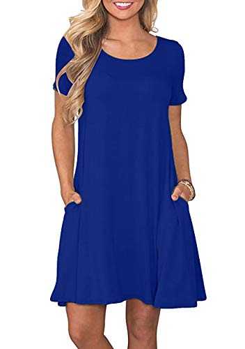 OMZIN Women's Plain Elegant Short Sleeve Midi Dresses Pockets Casual Pencil Dress Beach Dress Scoop Neck Swing Dress XS-5XL