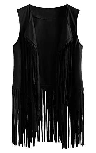 FEOYA Women's Fringe Gilet Sleeveless Tassel Jacket Coat Faux Suede Open Front Cardigans Casual Vintage Hippie Waistcoat Fashion Lapel Loose Vest S-3XL