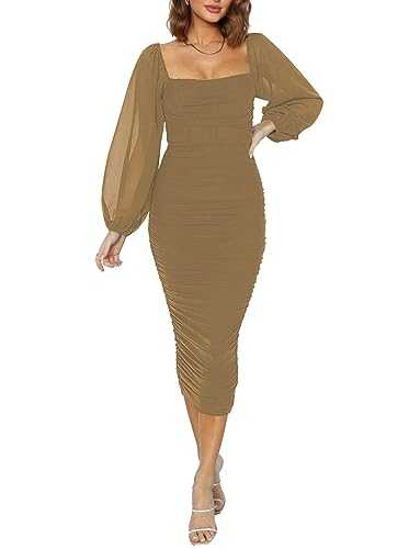 Duigluw Women Sexy Long Sleeve Square Neck Mesh Ruched Bodycon Cocktail Formal Party Midi Dress