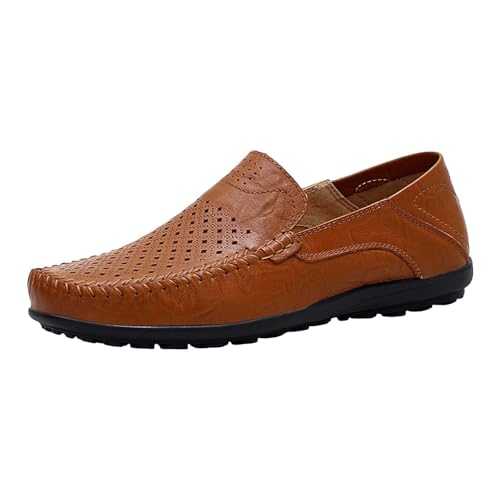 Slip On Leather Loafers Men Breathable Air Holes Driving Shoes Low Top Flat Business Loafer Large Size Formal Moccasins Non-Slip Wide Fit Trekking Sneakers Outdoor Causal Trainers