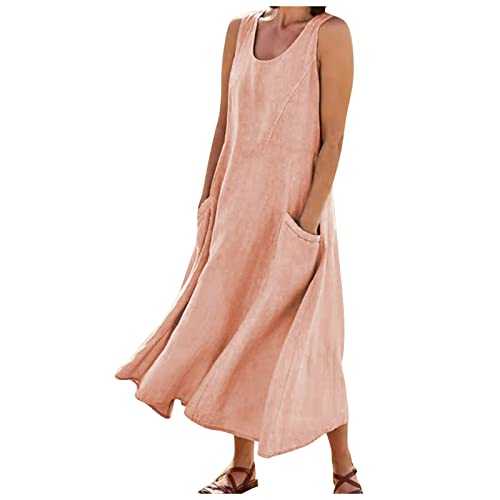 Women's Summer Sleeveless Linen Maxi Dress Casual Loose Beachdress Ladies Solid Colour Tunic Tank Dresess with Pockets