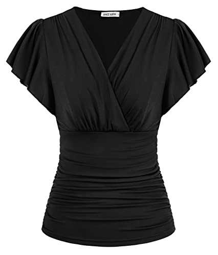 GRACE KARIN Women's Summer Tops Ruffle Short Sleeve V-Neck Wrap Ruched Blouses Shirts