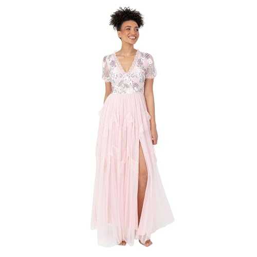 Maya Deluxe Women's Maxi Dress Ladies Short Puff Sleeve V-Neck Sequin Embellished Lace Trim Tulle Split A-line Bridesmaid Ball Gown