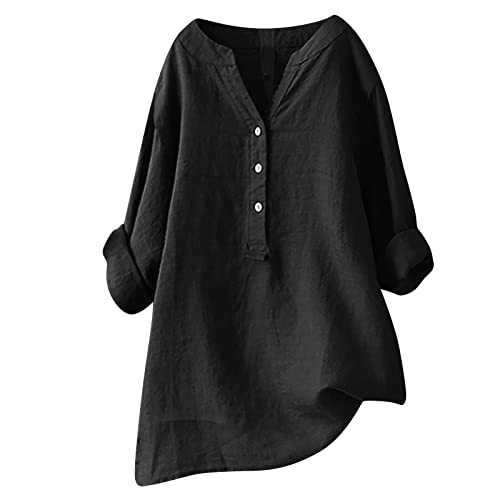 Summer Tops for Women UK Plus Size Roll Long Sleeve Button Down Shirts V Neck Loose Casual Cotton Linen T-Shirts Summer Shirts Blouse Oversized Tees Tops Ladies Henley T-Shirt