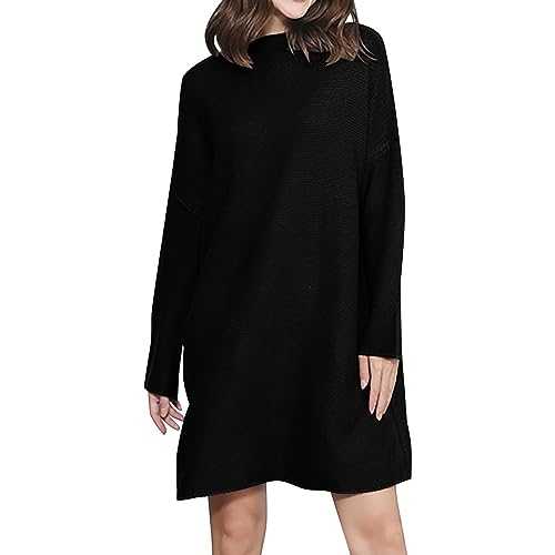 AMDOLE Ladies Dresses Long Sleeve High Neck Solid Color Pullover Sweater Dress 80s Fancy Dress for Women