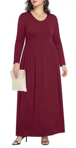 POPYOUNG Autumn-Winter Casual Long Sleeve Crewneck Mixi Dress Flowy with Pockets Long Dresses