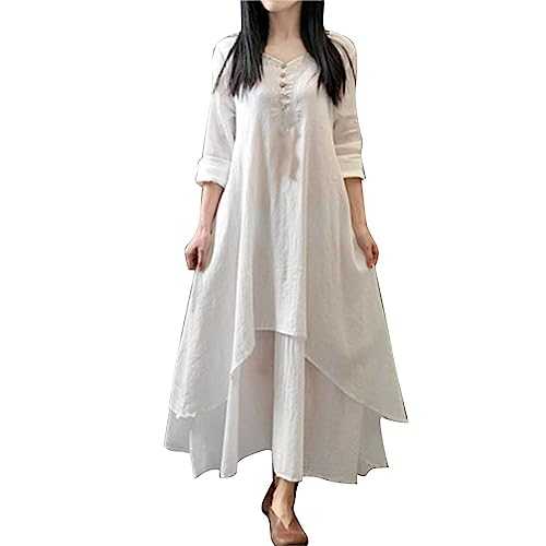 Maxi Linen Dresses for Women Plus Size V Neck Long Dress Vintage Bohemian Style Solid Colour Flowy Wrap Dresses for Autumn and Winter Vacation Beach Dress