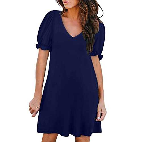 Shirt Summer Dresses Women's Lace Short Sleeved Solid V Neck Loose Fitting Fashion Casual Mid Length Dress Simple Summer Dresses