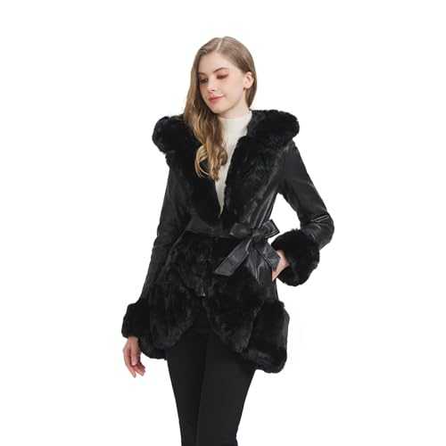 AOWITH Faux Leather Jacket for Women with Faux Fur Collar Long Sleeve Parka with Pockets Warm Winter Coat with Belt