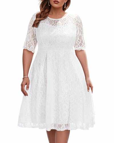 Women's Plus Size Lace Scooped Neckline Half Sleeve Cocktail Wedding Midi Dress