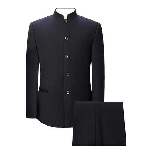 Mens Chinese Tunic Suits Stand Collar 2 Piece Solid Slim Fit Suits Blazer Traditional Uniform Groom Sport Coat Pant Set