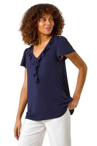 Roman Originals Women Frill Front Vest Top Ladies Ruffle Blouse Summer Spring Special Occasion Evening Holiday Cruise Cocktail Party Short Long Sleeve Sleeveless V-Neck