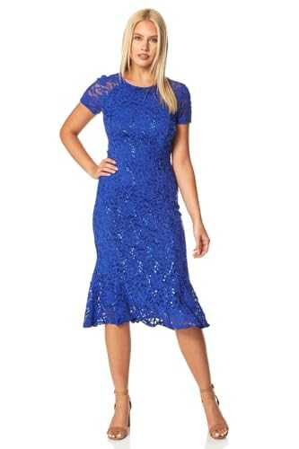 Roman Originals Women Floral Lace Overlay Dress - Ladies Luxury Ball Gown Shift Midi Lined Knee Length Stretch Formal Wedding Guest Party Evening - Royal-Blue - Size 18