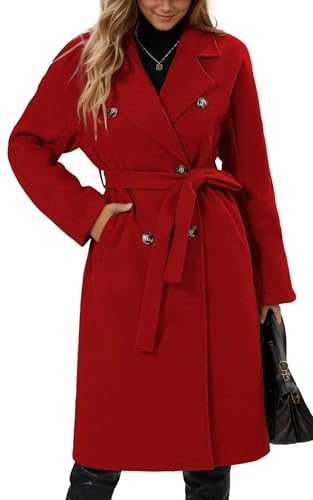 FEOYA Women's Double Breasted Mid Long Wool Pea Coat Notch Lapel Winter Trench Coat with Belt Casual Fashion Overcoat Autumn Classic Outwear S-XL
