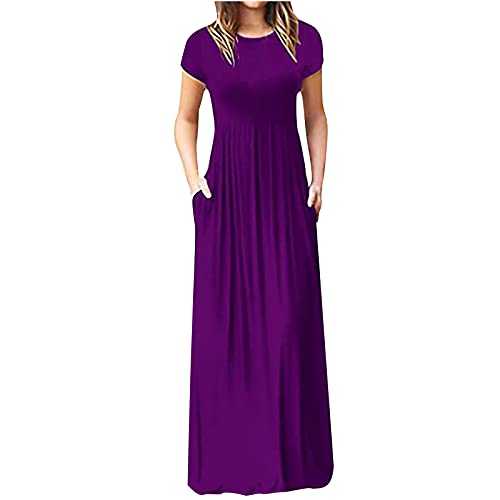 Women's Plain Summer Short Sleeve Loose Maxi Dress Casual Long Dress with Pockets Ladies Maxi Dresses Boho Beach Casual Sundress Swing A-Line Dress Going Out Dress