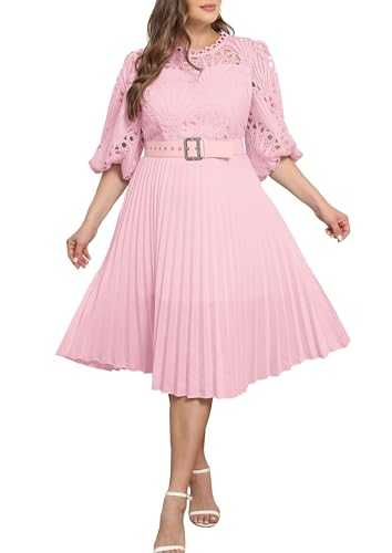 IWFEV Plus Size Dress Puff Sleeve Lace Pleated Dress Short Sleeve Plus Size Midi Dress Hollow Party Evening Dress