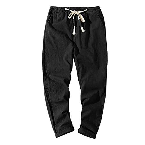 Mens Cotton Linen Trousers Straight Leg Slim Fit Pants Drawstring Elastic Waist Joggers Bottoms Tapered Cropped Pants Japanese Style Loose Trousers