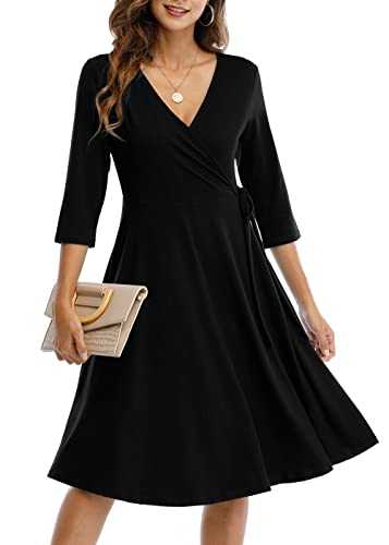 Duppoly Wrap Dress for Women Casual V Neck Floral Party Swing A-Line Faux Wrap Dresses Midi Length Black 01