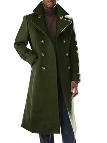 Runcati Mens Trench Coat Notch Lapel Slim Fit Double Breasted Wool Blend Long Pea Coat Winter Warm Overcoat