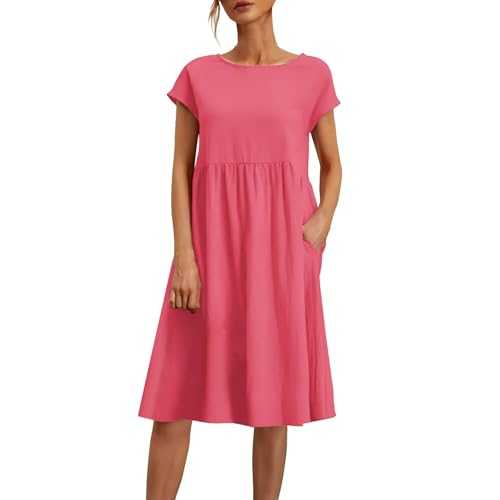 Womens Midi Dress Round Neck Casual and Comfortable Cotton Short Sleeves Beach with Pockets