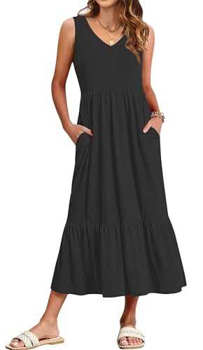 WNEEDU Women’s Summer Maxi Dresses V Neck Sundress Sleeveless Long Dress with Pockets
