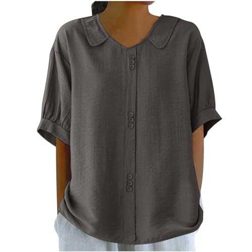 Cotton Linen Shirts for Women UK Half Sleeve Button Down T Shirt Loose Fit Casual Tunic Tops Baggy Summer Tee Vintage Holiday Plain T-Shirts Oversized Beach Boho Tee Shirts