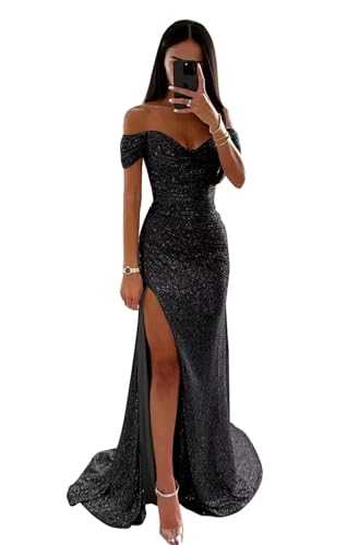 Vtorliya Women's Sequin Mermaid Prom Dresses Off Shoulder V Neck Long Ball Gown Ruched Sparkly Formal Evening Party Dress