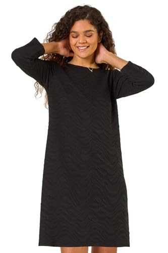 Roman Originals Wave Textured Stretch A-Line Dress for Women UK - Ladies Everyday Autumn Winter Round Neckline Comfy Soft Evening Vacation Work Party Night Out - Black - Size 18