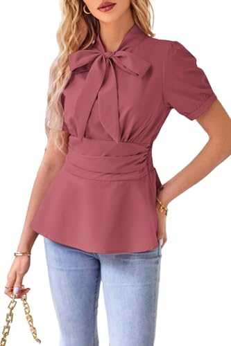 GRACE KARIN Women's Office Bow Tie Blouse Puff Sleeve Peplum Dressy Shirt Smocked Waist