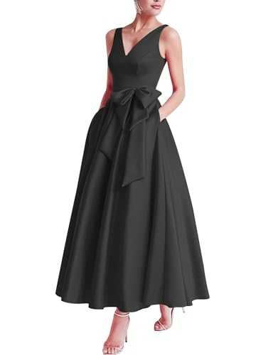 Mother of The Bride Tea Length Dress V Neck Prom Dresses Satin Bow Formal Evening Party Gowns of Women‘s with Pockets