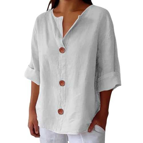 Plus Size Ladies 3/4 Sleeve Linen Tops for Women UK Sales Short Sleeve Cotton Linen Tops Summer V Neck Casual Loose Vacation Beach Solid Color Blouses Mid Long Sleeved T Shirts Cheesecloth Clothes