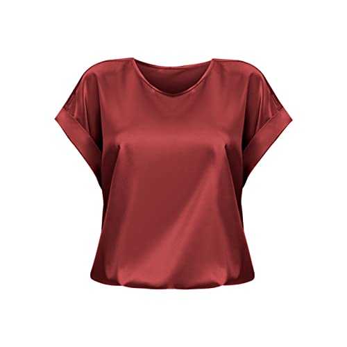 Tops for Women UK Summer Round Neck Sexy Short Sleeve Blouses Solid Color Elegant Top Satin Silk Comfy T-Shirts Gypsy Dressy Tee Shirts Rolled Up Sleeves Loose T shirt Office Work Formal Tunic Tops