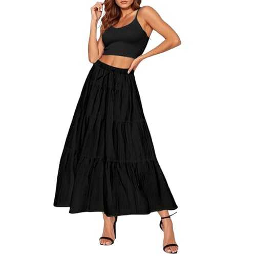 Casual Skirt for Women UK Womens Daily Holidays Flowy Flared Ruffle Boho Long Skirt Ladies Casual Loose Fit Solid Simple Stylish Leisure Dress Classic Maxi Dress for Ladies UK