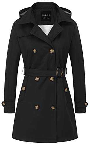 CREATMO US Women's Trench Coat Double-Breasted Classic Lapel Overcoat Belted Slim Outerwear Coat with Detachable Hood