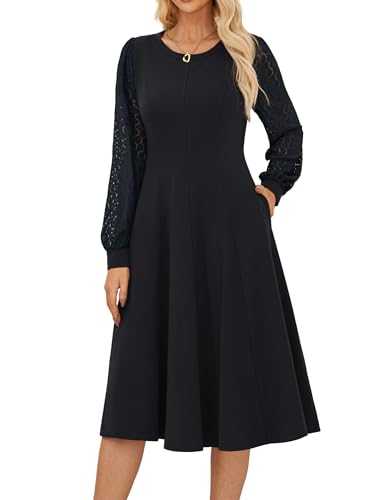 GRACE KARIN Elegant Women’s Midi Dresses Lace Long Sleeve Crew Neck A-Line Dresses Casual Solid Formal Cocktail Dress