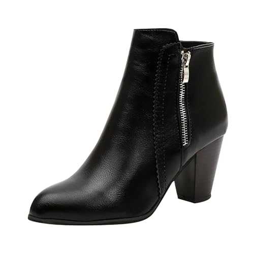 Ladies Black Ankle Boots Block Heel Ankle Boots for Women High Heels Shoes Faux Leather Pointed Toe Fashion