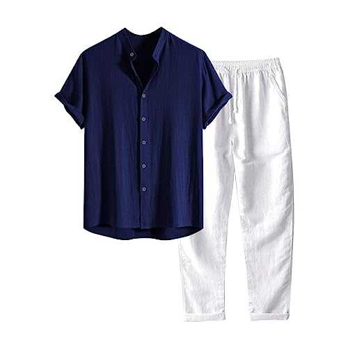 Two-piece men's linen suit, summer leisure suit, plain 2-piece short sleeve, button-up lapel shirt and shorts, beach shirt, short trousers set, beach shirt, short set, suit S-3XL