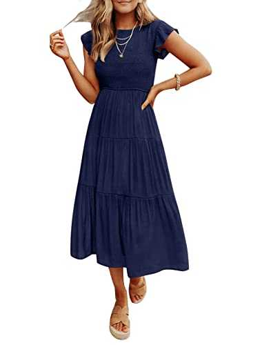 ZCSIA Women's 2024 Summer Casual Ruffle Short Sleeve Crewneck Smocked Tiered A Line Midi Dress Clothing, Royalblue, M