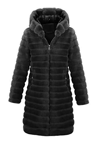 RISISSIDA Women Long Faux Fur Coat Fuzzy Faux Fur Jacket Winter Spring Fall Fashion, Thermal Loose Oversized Jacket Hooded, Black-horizontal Texture, S