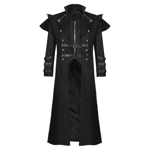 Men’s Gothic Steampunk Trench Coat Halloween Longline Full Zip Swallowtail Coat Medieval Vintage Slit Banquet Outfit Court Style Longline Windbreak Outerwear UK Size S to 3XL