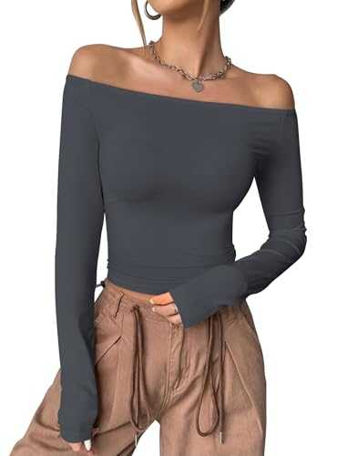 Womens Off The Shoulder Tops Long Sleeve Basic T Shirts Going Out Cute Y2K Fall Fashion 2025